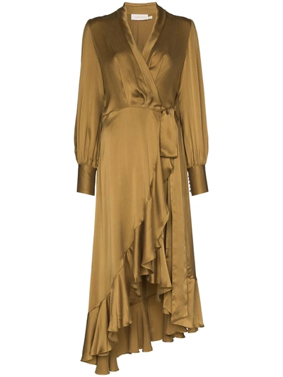 Zimmermann Super Eight Silk-satin Wrap Dress In Olive