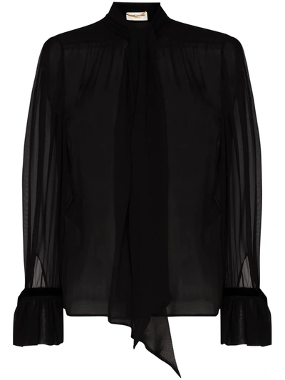 Saint Laurent Pussy-bow Silk Blouse In Black