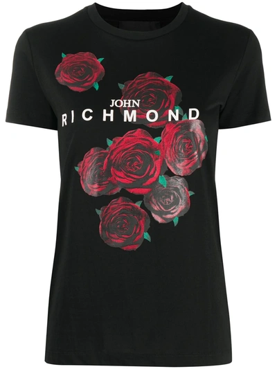 John Richmond Rose And Logo Print T-shirt In Black