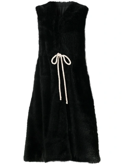 Sara Lanzi Long Sleeveless Faux Fur Coat In Black