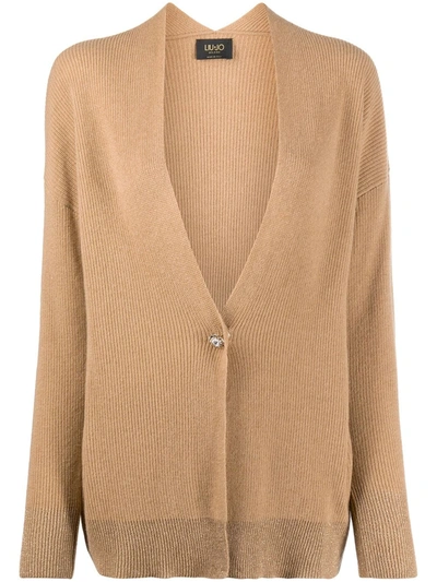 Liu •jo Crystal Embellished Button Cable Knit Cardigan In Brown