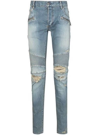 Balmain Distressed Slim-fit Jeans In Blu