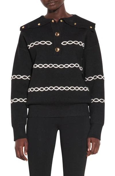 Sandro Louny Wide Collar Contrast Cable Sweater In Black