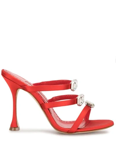 Manolo Blahnik Nudosa Satin Crystal Detail Mules In Red