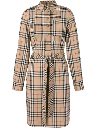 Burberry Logo Appliqué Check Tie-waist Shirt Dress In Neutrals