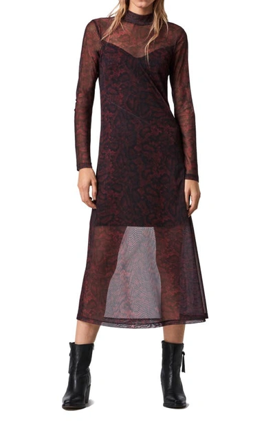 Allsaints Hanna Stanza Mesh Long Sleeve Midi Dress In Burgundy Red
