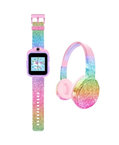Itouch Kid's Playzoom Pink Rainbow Glitter Tpu Strap Smart Watch With Headphones Set 41mm