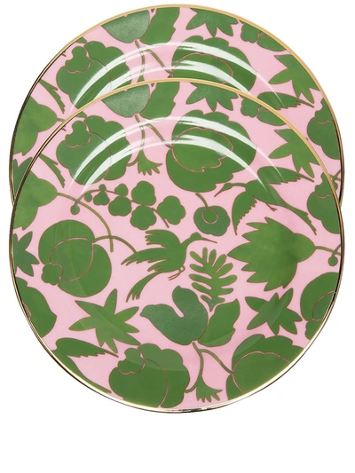 La Doublej X Ancap Dessert Plate Set - Wildbird Rosa/verde In Pink