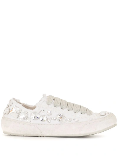 Pedro Garcia 'pariz' Crystal Embellished Frayed Stitch Sneakers In White