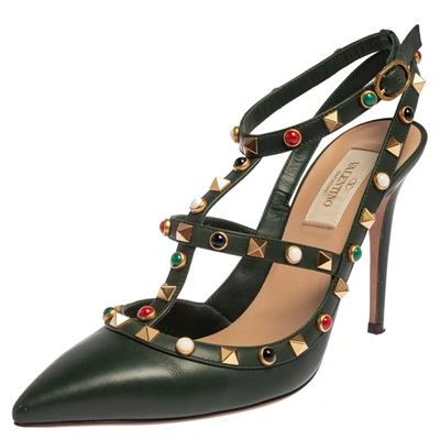 Pre-owned Valentino Garavani Green Leather Rolling Rockstud Pointed Toe Ankle Strap Sandals Size 38.5