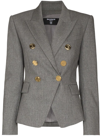 Balmain Six-button Wool Flannel Blazer Jacket In Grey