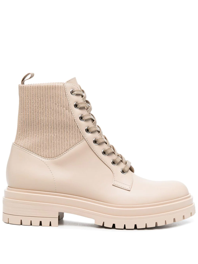 Gianvito Rossi Martis Rib-knit Leather Combat Boots In Beige
