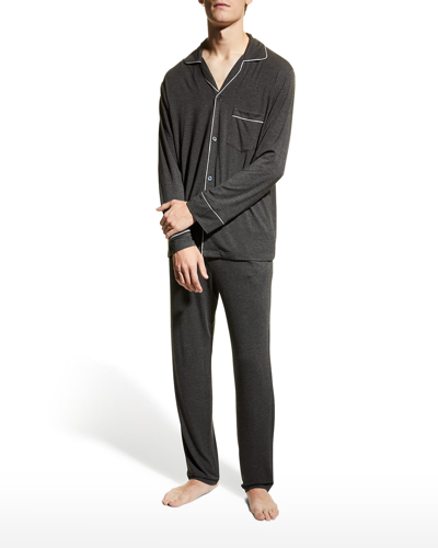 Eberjey William Contrast-piping Stretch-jersey Pyjama Set In Charcoal/ivory