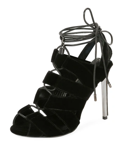 Tom Ford Velvet Cutout Lace-up Sandals In Black