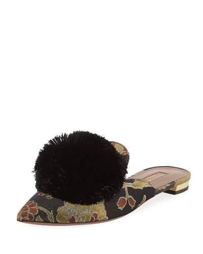 Aquazzura Powder Puff Floral-print Flat Slide, Rose Jacquard