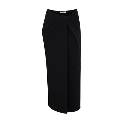 Valentino Twisted-waist Silk-blend Twill Midi Skirt In Black