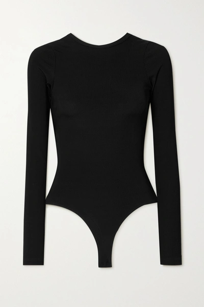 Goldsign Cutout Ribbed Stretch-knit Thong Bodysuit In Black
