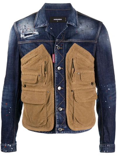 Dsquared2 Corduroy Pocket-panel Distressed Denim Jacket In Blue