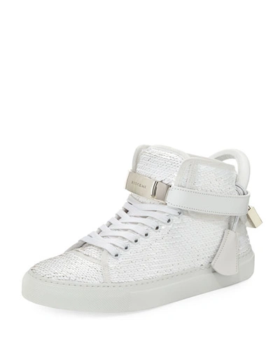 Buscemi 100mm Sequin Lace-up High-top Sneakers, White In White/white