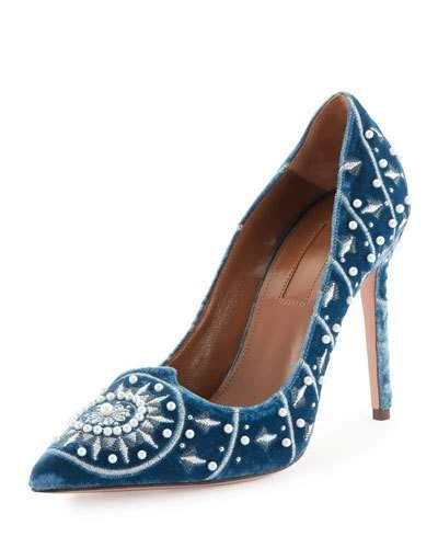 Aquazzura Stellar Pearly-beaded Velvet Pump, Ocean Blue