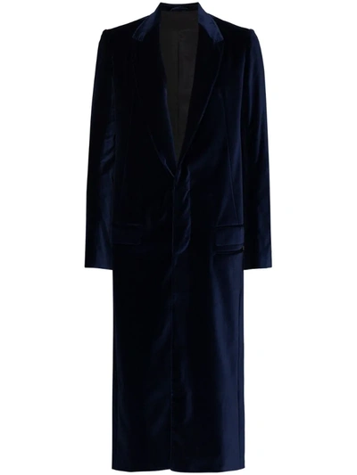 Haider Ackermann Long Single-breasted Velvet Overcoat In Blue