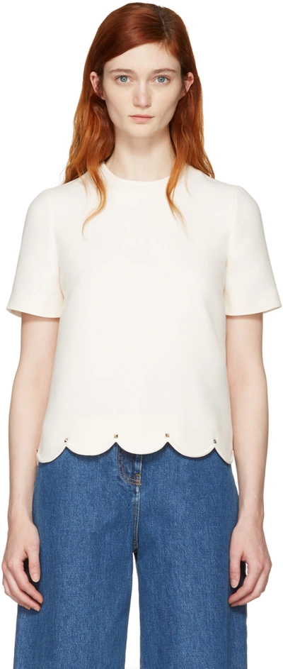 Valentino Crepe Couture Scalloped Top With Rockstud Trim, Ivory