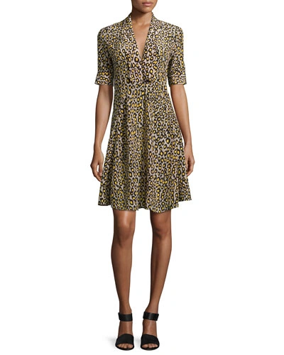 Derek Lam Leopard-print Short-sleeve Dress, Yellow