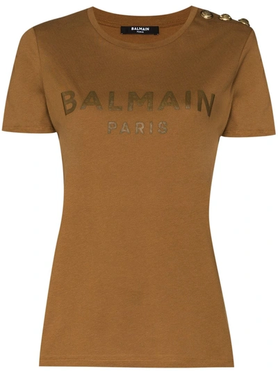 Balmain Logo-print Button-detail T-shirt In Brown