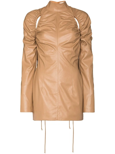 Aleksandre Akhalkatsishvili Faux Leather Ruched Cutout Mini Dress In Brown