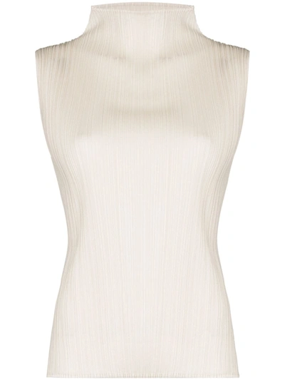 Issey Miyake Neutrals Basic High Neck Plissé Top In Nude