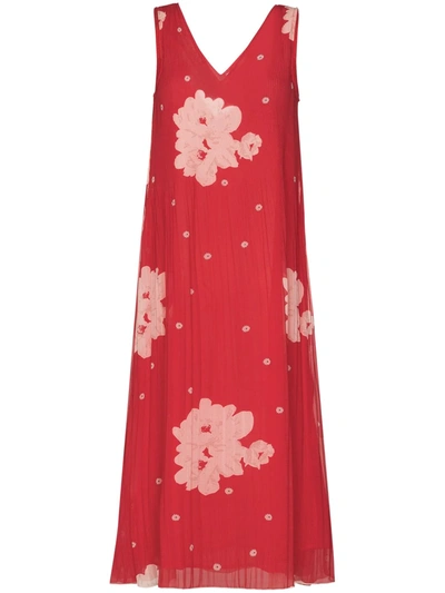 Ganni Floral Georgette Midi Dress In Red