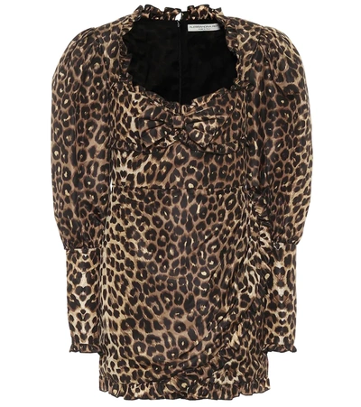 Alessandra Rich Leopard Print Silk Puff Sleeve Dress In Brown