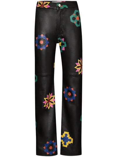 Kirin Floral-print Leather Trousers In Black