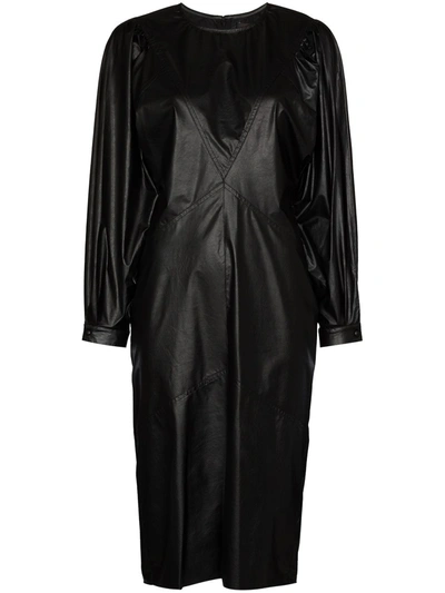 Isabel Marant Black Pouf Sleeve Faux Leather Midi Dress