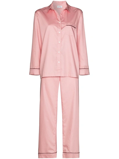Pour Les Femmes Cotton Sateen Pajama Set W/ Contrast Stitching In Pink