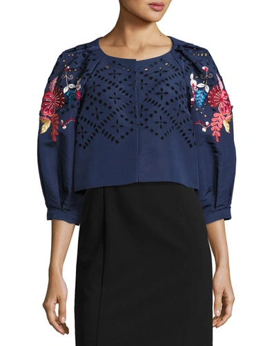 Monique Lhuillier Floral-embroidered Cropped 3/4-sleeve Jacket, Navy