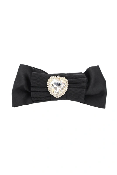 Alessandra Rich Hair Clip Bow With Crystal Heart In Black