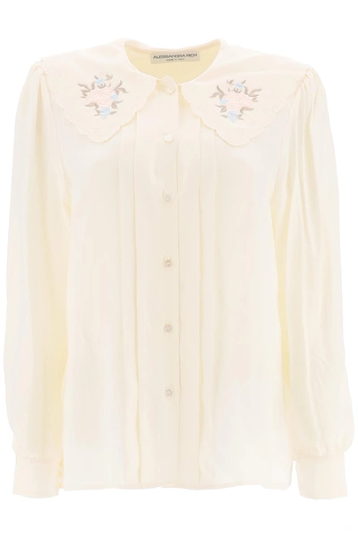 Alessandra Rich Silk Shirt With Embroidered Collar In Cream