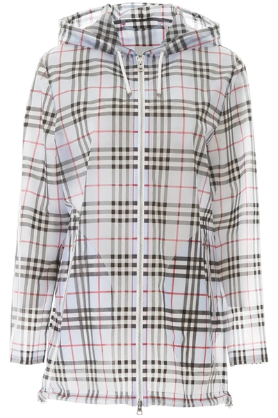 Burberry Check Print Hooded Pvc Jacket In Light Blue