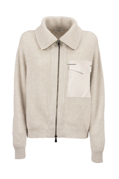 Brunello Cucinelli English Ribbed Cashmere Cardigan With Monili And Front Pocket In Oyster