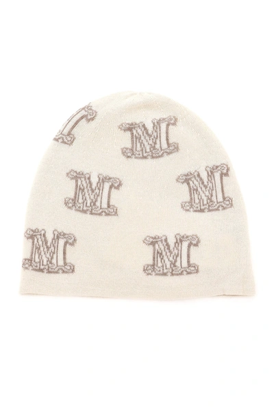 Max Mara Oppio Monogram Knit Hat In Bianco Cammello