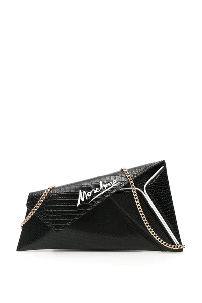 Moschino Asymmetrical Clutch With Signature Logo In Fantasia Nero