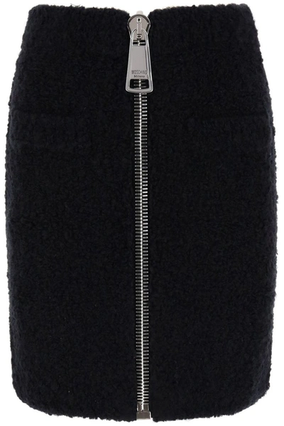 Moschino Boucle' Mini Skirt With Maxi Zip In Black