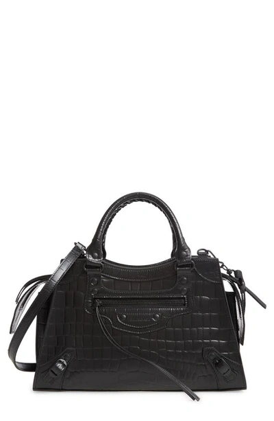 Balenciaga Neo Classic City Croc Embossed Leather Top Handle Bag In 1000 Black