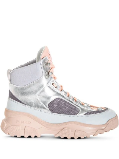 Pinko Laminated Trek Hi-top Sneakers In Grey,silver,pink