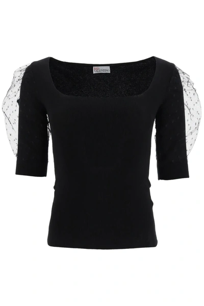 Red Valentino Knit Top With Point D'esprit Tulle In Black