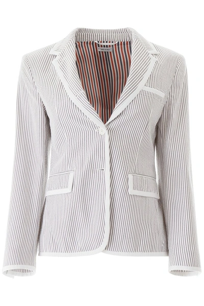 Thom Browne Striped Seersucker Blazer In White,grey