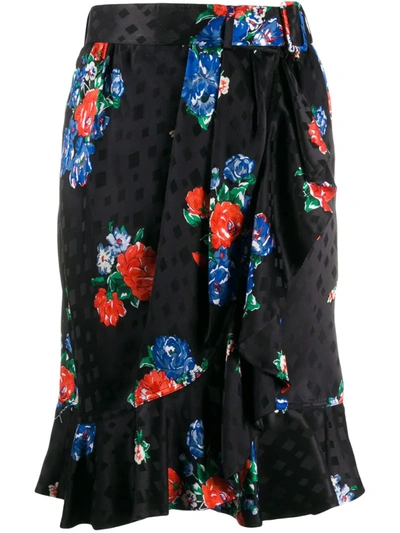 Tory Burch Floral-print Wrap Skirt In Black,red,blue