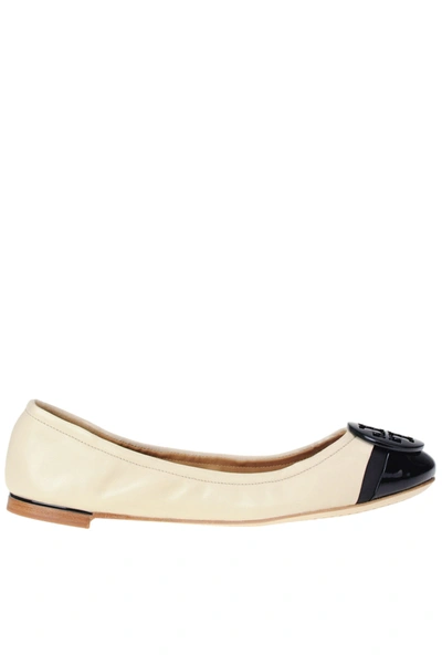 Tory Burch Minnie Two Tone Leather Ballerinas In Beige,black