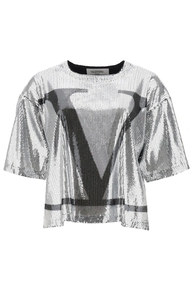 Valentino Vlogo Sequin T-shirt In Argento Nero
